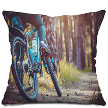 Cyclist Riding Mountain Bike In The Forest Pillows 111837211