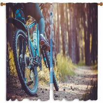 Cyclist Riding Mountain Bike In The Forest Window Curtains 111837211