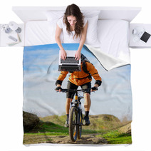 Cyclist Riding The Bike On The Beautiful Mountain Trail Blankets 60212128