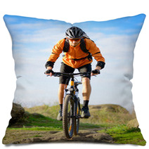 Cyclist Riding The Bike On The Beautiful Mountain Trail Pillows 60212128