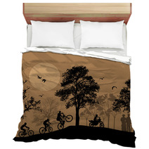 Cyclists Silhouettes On Beautiful Landscape Bedding 59564889