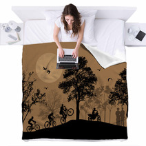 Cyclists Silhouettes On Beautiful Landscape Blankets 59564889