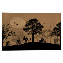 Cyclists Silhouettes On Beautiful Landscape Rugs 59564889