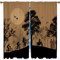 Cyclists Silhouettes On Beautiful Landscape Window Curtains 59564889