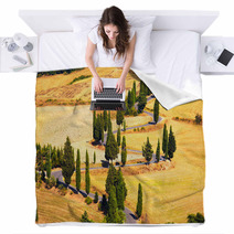 Cypress Tree Scenic Road In Monticchiello Near Siena, Tuscany, I Blankets 59525559