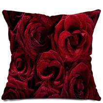 Dark Red With Droplets Red Natural Roses Background Pillows 44240103
