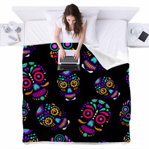 Day Of The Dead Colorful Sugar Skull With Floral Ornament And Flower Seamless Pattern Dia De Los Muertos The Pattern Is Made In Bright Colors Colorful Skulls For The Holiday Of The Dead Blankets 175869464