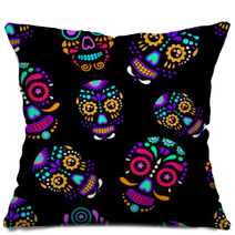 Day Of The Dead Colorful Sugar Skull With Floral Ornament And Flower Seamless Pattern Dia De Los Muertos The Pattern Is Made In Bright Colors Colorful Skulls For The Holiday Of The Dead Pillows 175869464