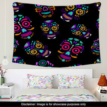 Day Of The Dead Colorful Sugar Skull With Floral Ornament And Flower Seamless Pattern Dia De Los Muertos The Pattern Is Made In Bright Colors Colorful Skulls For The Holiday Of The Dead Wall Art 175869464