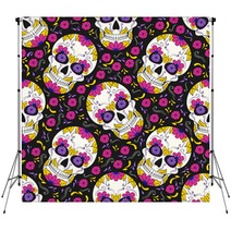 Day Of The Dead Skull With Floral Ornament Seamless Pattern Mexican Sugar Skull Vector Illustration Backdrops 211493527