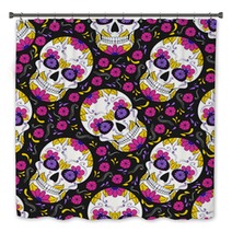 Day Of The Dead Skull With Floral Ornament Seamless Pattern Mexican Sugar Skull Vector Illustration Bath Decor 211493527