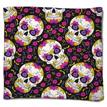 Day Of The Dead Skull With Floral Ornament Seamless Pattern Mexican Sugar Skull Vector Illustration Blankets 211493527