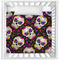 Day Of The Dead Skull With Floral Ornament Seamless Pattern Mexican Sugar Skull Vector Illustration Nursery Decor 211493527