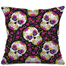 Day Of The Dead Skull With Floral Ornament Seamless Pattern Mexican Sugar Skull Vector Illustration Pillows 211493527