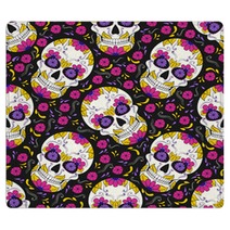 Day Of The Dead Skull With Floral Ornament Seamless Pattern Mexican Sugar Skull Vector Illustration Rugs 211493527