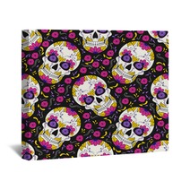 Day Of The Dead Skull With Floral Ornament Seamless Pattern Mexican Sugar Skull Vector Illustration Wall Art 211493527