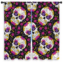 Day Of The Dead Skull With Floral Ornament Seamless Pattern Mexican Sugar Skull Vector Illustration Window Curtains 211493527