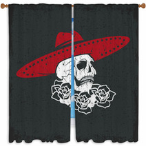 Day Of The Dead Skull With Flowers And Sombrero Dia De Los Muer Window Curtains 94799024