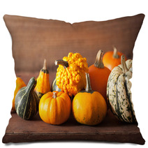 Decorative Mini Pumpkins On Wooden Background Pillows 68792564
