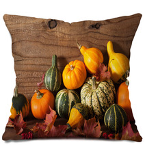 Decorative Mini Pumpkins On Wooden Background Pillows 68792573