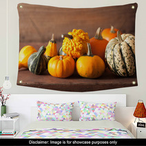 Decorative Mini Pumpkins On Wooden Background Wall Art 68792564