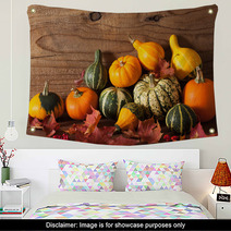 Decorative Mini Pumpkins On Wooden Background Wall Art 68792573