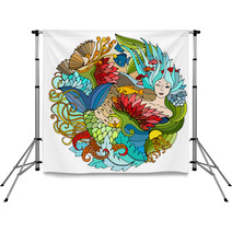 Decorative Round Element With Mermaid Algae Fish Bright Colorful Vector Illustration Surreal Template Backdrops 129492790