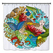 Decorative Round Element With Mermaid Algae Fish Bright Colorful Vector Illustration Surreal Template Bath Decor 129492790