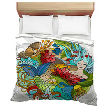 Decorative Round Element With Mermaid Algae Fish Bright Colorful Vector Illustration Surreal Template Bedding 129492790