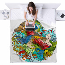 Decorative Round Element With Mermaid Algae Fish Bright Colorful Vector Illustration Surreal Template Blankets 129492790