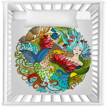Decorative Round Element With Mermaid Algae Fish Bright Colorful Vector Illustration Surreal Template Nursery Decor 129492790