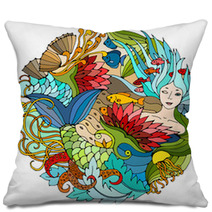Decorative Round Element With Mermaid Algae Fish Bright Colorful Vector Illustration Surreal Template Pillows 129492790