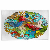 Decorative Round Element With Mermaid Algae Fish Bright Colorful Vector Illustration Surreal Template Rugs 129492790