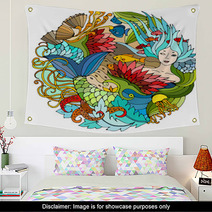 Decorative Round Element With Mermaid Algae Fish Bright Colorful Vector Illustration Surreal Template Wall Art 129492790