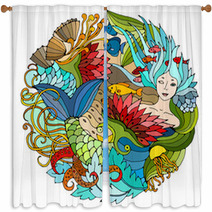 Decorative Round Element With Mermaid Algae Fish Bright Colorful Vector Illustration Surreal Template Window Curtains 129492790