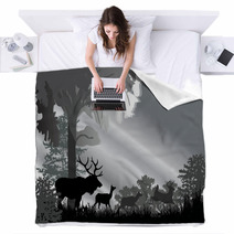 Deer Silhouettes In Grey Forest Blankets 33612971