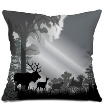 Deer Silhouettes In Grey Forest Pillows 33612971
