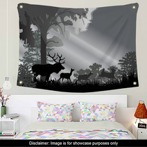 Deer Silhouettes In Grey Forest Wall Art 33612971