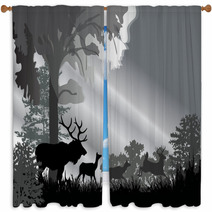 Deer Silhouettes In Grey Forest Window Curtains 33612971
