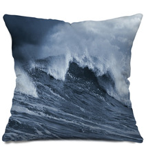Detailed Atlantic Stormy Big Wave; Toned Blue, Enhanced Sky Pillows 52441902