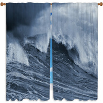 Detailed Atlantic Stormy Big Wave; Toned Blue, Enhanced Sky Window Curtains 52441902