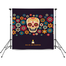 Dia De Los Muertos Day Of The Dead Vector Poster With Smiling Sugar Festive Skull Surrounded By Colorful Flowers Isolated On Dark Background Backdrops 184599941