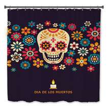 Dia De Los Muertos Day Of The Dead Vector Poster With Smiling Sugar Festive Skull Surrounded By Colorful Flowers Isolated On Dark Background Bath Decor 184599941