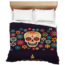 Dia De Los Muertos Day Of The Dead Vector Poster With Smiling Sugar Festive Skull Surrounded By Colorful Flowers Isolated On Dark Background Bedding 184599941