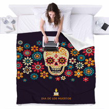 Dia De Los Muertos Day Of The Dead Vector Poster With Smiling Sugar Festive Skull Surrounded By Colorful Flowers Isolated On Dark Background Blankets 184599941