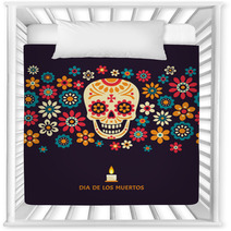 Dia De Los Muertos Day Of The Dead Vector Poster With Smiling Sugar Festive Skull Surrounded By Colorful Flowers Isolated On Dark Background Nursery Decor 184599941