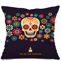 Dia De Los Muertos Day Of The Dead Vector Poster With Smiling Sugar Festive Skull Surrounded By Colorful Flowers Isolated On Dark Background Pillows 184599941