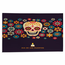 Dia De Los Muertos Day Of The Dead Vector Poster With Smiling Sugar Festive Skull Surrounded By Colorful Flowers Isolated On Dark Background Rugs 184599941