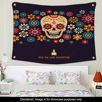 Dia De Los Muertos Day Of The Dead Vector Poster With Smiling Sugar Festive Skull Surrounded By Colorful Flowers Isolated On Dark Background Wall Art 184599941