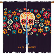 Dia De Los Muertos Day Of The Dead Vector Poster With Smiling Sugar Festive Skull Surrounded By Colorful Flowers Isolated On Dark Background Window Curtains 184599941